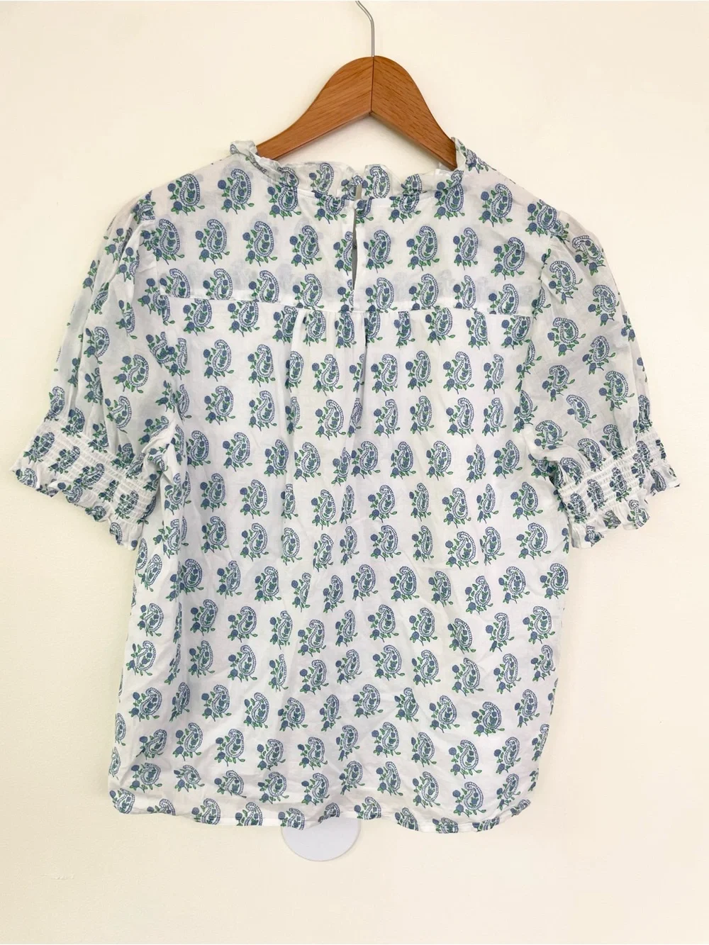 SZ Blockprints X J. Crew Smocked Puff Sleeve Top in Blue Paisley M Medium Cotton